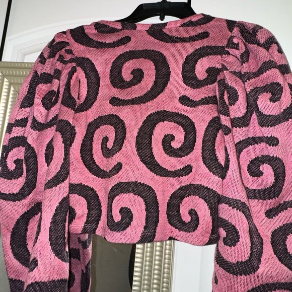 Zara Jacquard Swirl Print Pullover Cropped Sweater Balloon Sleeves Pink Black S - Picture 5 of 5